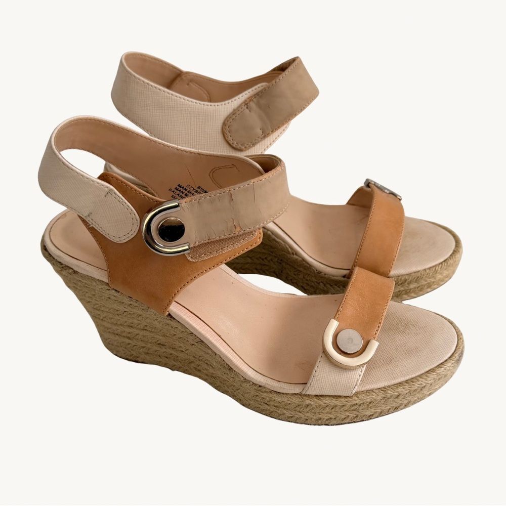 Nine West Tan Wedge Sandals Espadrille 6.5 Ankle Strap Summer